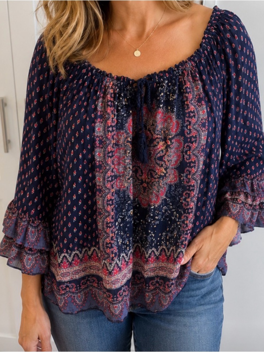 Bila Navy Paisley Off-Shoulder Tassel Peasant Blouse